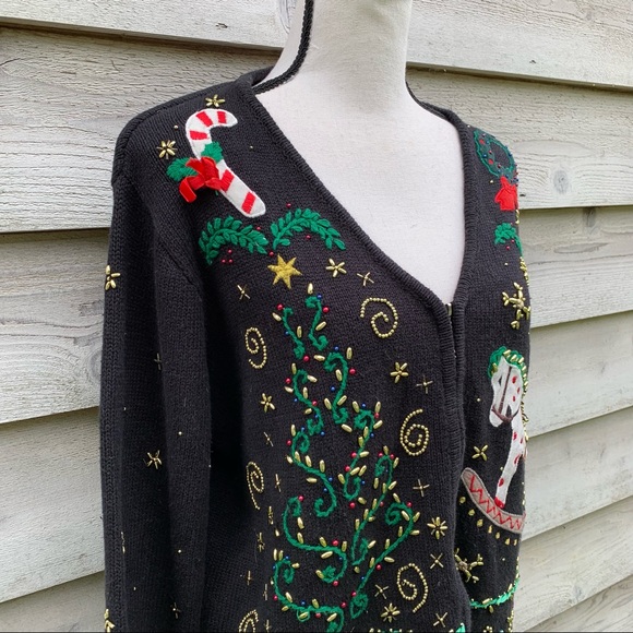 Vintage Black Beaded Felt Appliqué Crochet V-Neck Zip Front Long Sleeve Sweater - Picture 4 of 16